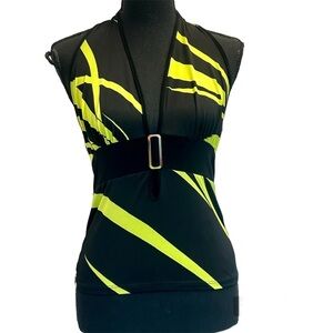 Fairweather black neon fluorescent lime green abstract print halter top Sz M